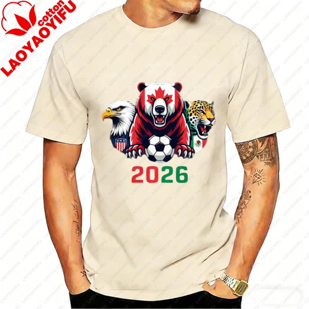 2026 North America Soccer T-Shirt for Men Women Bear Eagle Jaguar Mascot Graphic Tee Short Sleeve Cotton Tops for Football Fans