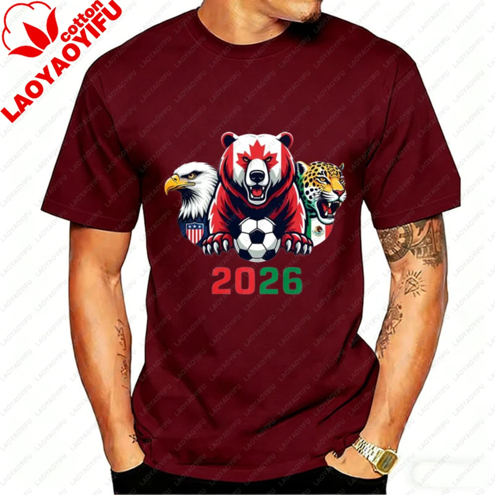 2026 North America Soccer T-Shirt for Men Women Bear Eagle Jaguar Mascot Graphic Tee Short Sleeve Cotton Tops for Football Fans