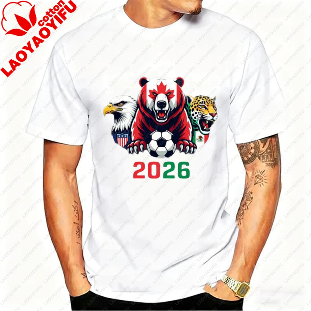 2026 North America Soccer T-Shirt for Men Women Bear Eagle Jaguar Mascot Graphic Tee Short Sleeve Cotton Tops for Football Fans