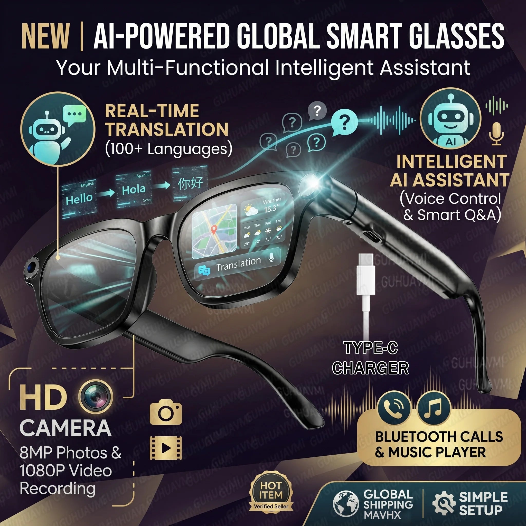 Smart Camera Glasses with 8MP 4K POV Video & Audio