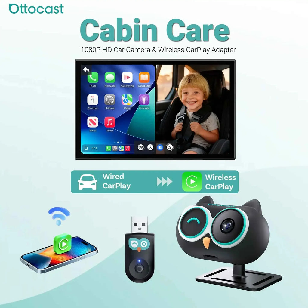 Ottocast Cabin Care Wireless CarPlay Adapter with 1080p HD Baby Car Camera Rear Seat View On Car Screen for Pets Baby
