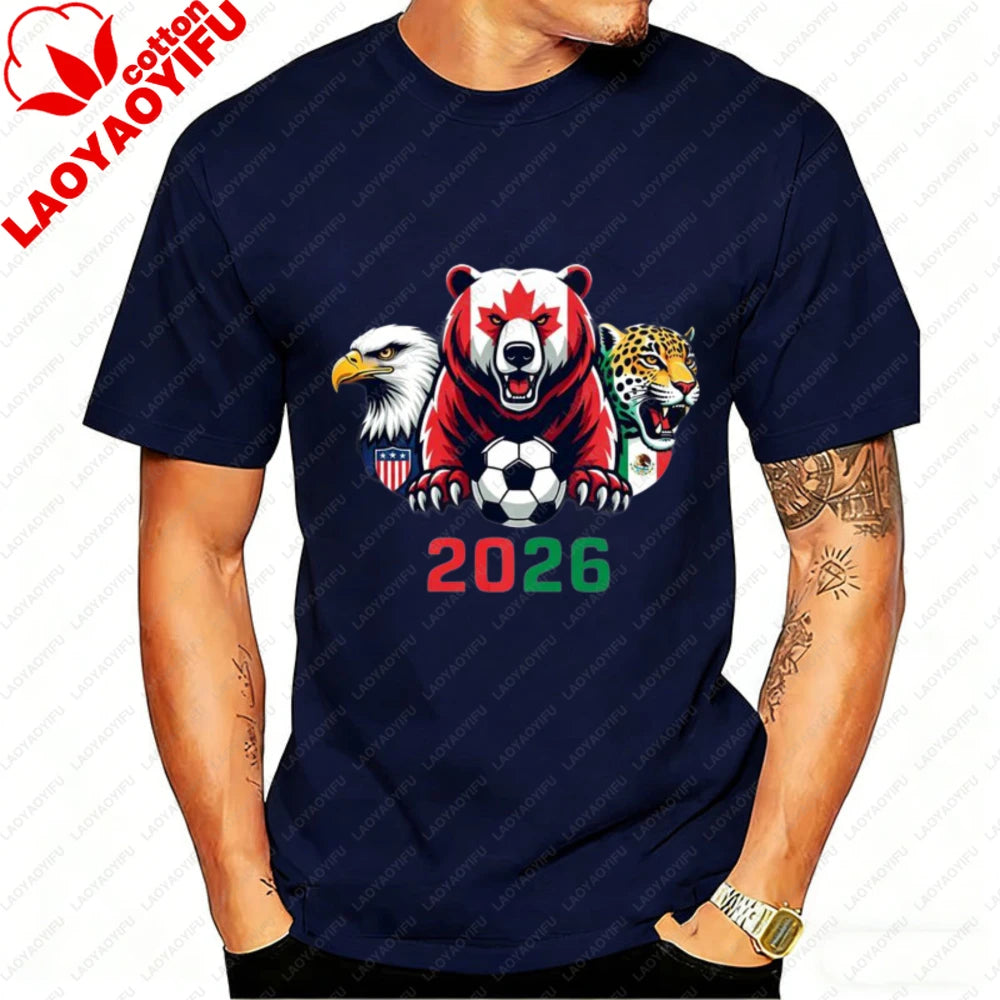 2026 North America Soccer T-Shirt for Men Women Bear Eagle Jaguar Mascot Graphic Tee Short Sleeve Cotton Tops for Football Fans