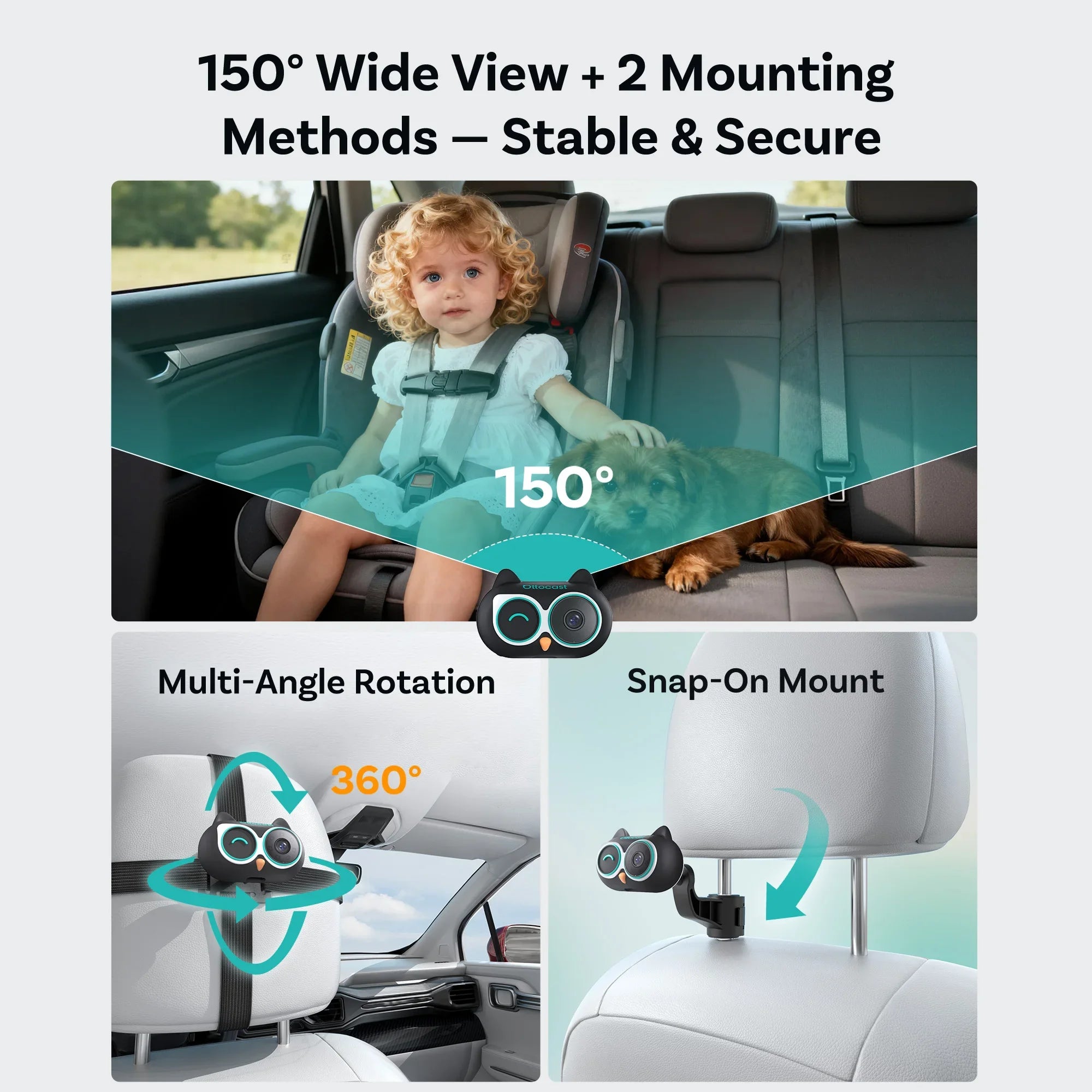 Ottocast Cabin Care Wireless CarPlay Adapter with 1080p HD Baby Car Camera Rear Seat View On Car Screen for Pets Baby